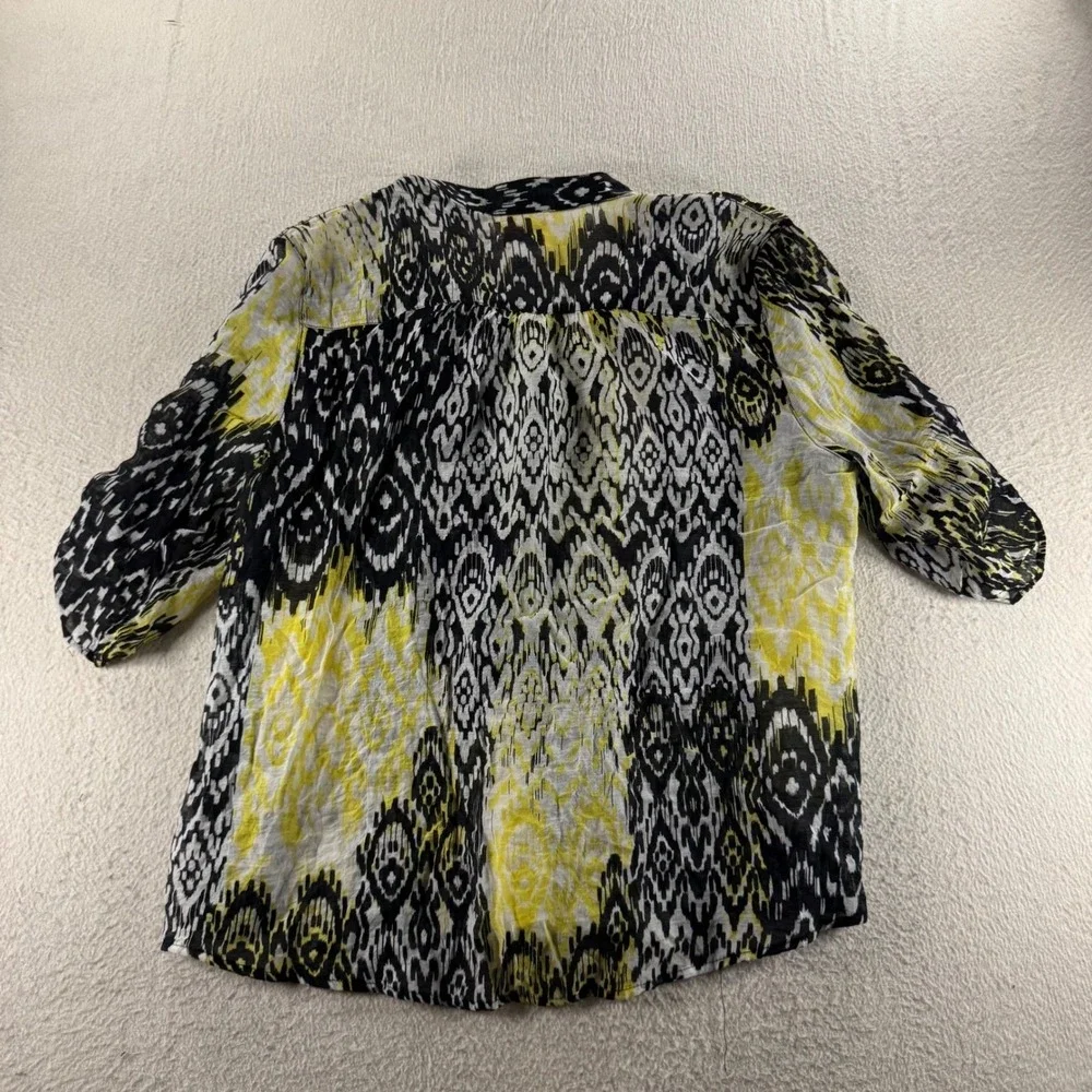 Ruby Rd Petite Button Up Top Womens PXL Black Yellow Ikat Print Exc Short Slv